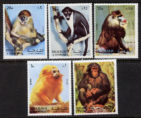 Sharjah 1972 Monkeys set of 5 unmounted mint (Mi 1012-16A) , stamps on , stamps on  stamps on animals    apes
