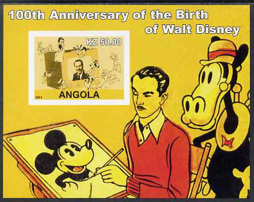 Angola 2001 Birth Centenary of Walt Disney #01 imperf s/sheet - Disney & various characters, unmounted mint. Note this item is privately produced and is offered purely on its thematic appeal, stamps on , stamps on  stamps on personalities, stamps on  stamps on movies, stamps on  stamps on films, stamps on  stamps on disney, stamps on  stamps on cinema, stamps on  stamps on entertainments, stamps on  stamps on 