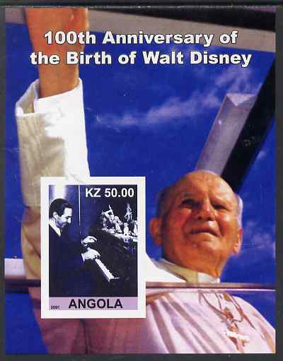 Angola 2001 Birth Centenary of Walt Disney #06 imperf s/sheet - Disney at Piano & Pope, unmounted mint. Note this item is privately produced and is offered purely on its thematic appeal, stamps on personalities, stamps on music, stamps on films, stamps on cinema, stamps on movies, stamps on pope, stamps on religion, stamps on disney