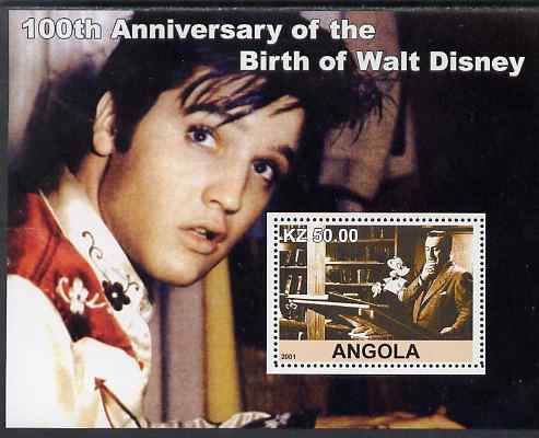 Angola 2001 Birth Centenary of Walt Disney #07 perf s/sheet - Disney & Elvis, unmounted mint, stamps on personalities, stamps on music, stamps on films, stamps on cinema, stamps on movies, stamps on pops, stamps on rock, stamps on elvis, stamps on disney