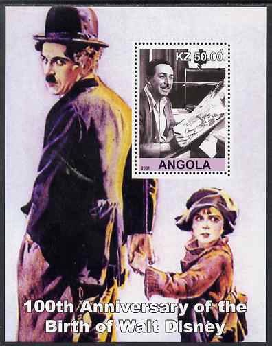 Angola 2001 Birth Centenary of Walt Disney #09 perf s/sheet - Disney & Charlie Chaplin, unmounted mint. Note this item is privately produced and is offered purely on its thematic appeal, stamps on , stamps on  stamps on personalities, stamps on  stamps on music, stamps on  stamps on films, stamps on  stamps on cinema, stamps on  stamps on movies, stamps on  stamps on chaplin, stamps on  stamps on comedy, stamps on  stamps on disney