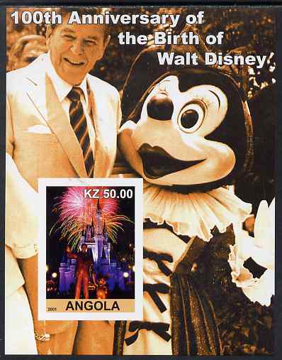 Angola 2001 Birth Centenary of Walt Disney #10 imperf s/sheet - Disneyland Fireworks & Ronald Reagan, unmounted mint. Note this item is privately produced and is offered ...