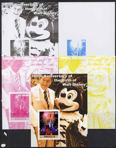 Angola 2001 Birth Centenary of Walt Disney #10 s/sheet - Disneyland Fireworks & Ronald Reagan - the set of 5 imperf progressive proofs comprising the 4 individual colours...