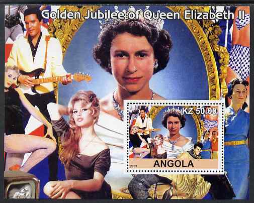 Angola 2002 Golden Jubilee of Queen Elizabeth II #2 perf s/sheet unmounted mint. Note this item is privately produced and is offered purely on its thematic appeal, stamps on , stamps on  stamps on personalities, stamps on  stamps on films, stamps on  stamps on cinema, stamps on  stamps on movies, stamps on  stamps on elvis, stamps on  stamps on royalty, stamps on  stamps on brigitte bardot, stamps on  stamps on 