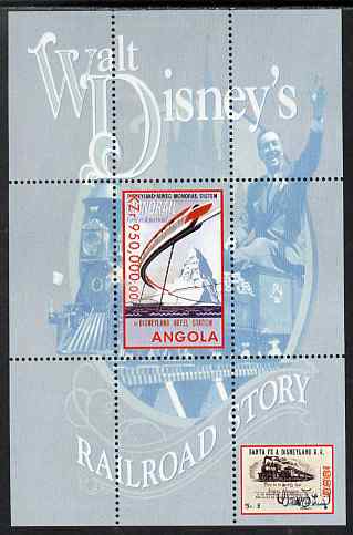 Angola 1999 Walt Disney's Railroad Story #2 perf s/sheet unmounted mint, stamps on personalities, stamps on films, stamps on cinema, stamps on movies, stamps on disney, stamps on railways