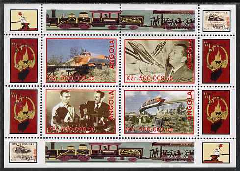 Angola 1999 Walt Disney's Railroad History #3 perf sheetlet containing 4 values unmounted mint, stamps on , stamps on  stamps on personalities, stamps on  stamps on films, stamps on  stamps on cinema, stamps on  stamps on movies, stamps on  stamps on disney, stamps on  stamps on railways