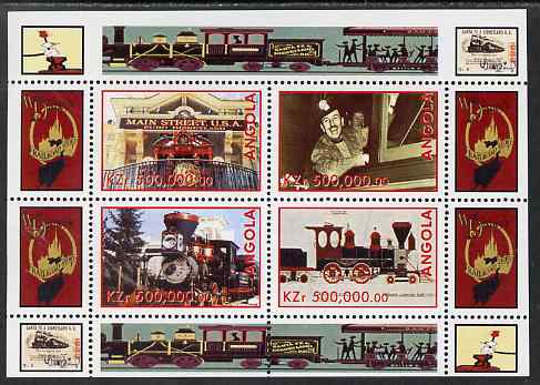 Angola 1999 Walt Disney's Railroad History #4 perf sheetlet containing 4 values unmounted mint, stamps on , stamps on  stamps on personalities, stamps on  stamps on films, stamps on  stamps on cinema, stamps on  stamps on movies, stamps on  stamps on disney, stamps on  stamps on railways