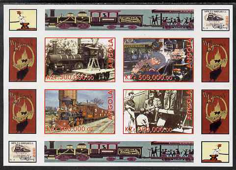 Angola 1999 Walt Disney's Railroad History #2 imperf sheetlet containing 4 values unmounted mint, stamps on , stamps on  stamps on personalities, stamps on  stamps on films, stamps on  stamps on cinema, stamps on  stamps on movies, stamps on  stamps on disney, stamps on  stamps on railways