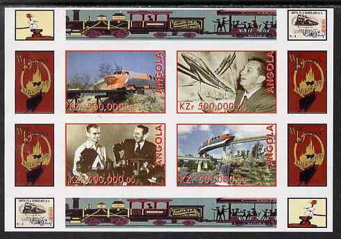 Angola 1999 Walt Disney's Railroad History #3 imperf sheetlet containing 4 values unmounted mint, stamps on , stamps on  stamps on personalities, stamps on  stamps on films, stamps on  stamps on cinema, stamps on  stamps on movies, stamps on  stamps on disney, stamps on  stamps on railways