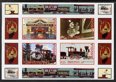 Angola 1999 Walt Disney's Railroad History #4 imperf sheetlet containing 4 values unmounted mint, stamps on , stamps on  stamps on personalities, stamps on  stamps on films, stamps on  stamps on cinema, stamps on  stamps on movies, stamps on  stamps on disney, stamps on  stamps on railways