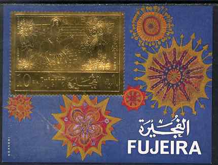 Fujeira 1971 Christmas 10r m/sheet with stamp design embossed in gold foil, perf, stamps on , stamps on  stamps on christmas