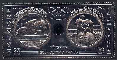 Ajman 1972 Munich Olympics 25r Horse Jumping & Boxing embossed in silver foil, perf, stamps on , stamps on  stamps on olympics, stamps on  stamps on horses, stamps on  stamps on boxing