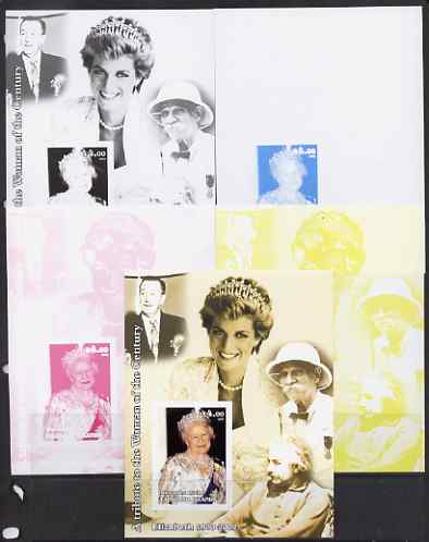Westpoint Island (Falkland Islands) 2002 A Tribute to the Woman of the Century #1 Queen Mother souvenir sheet (Also shows Diana, Einstein, Walt Disney & Albert Schweitzer) - the set of 5 imperf progressive proofs comprising the 4 individual colours plus all 4-colour composite, unmounted mint , stamps on , stamps on stamps on royalty, stamps on stamps on diana, stamps on stamps on queen mother, stamps on stamps on women, stamps on stamps on films, stamps on stamps on cinema, stamps on stamps on disney, stamps on stamps on personalities, stamps on stamps on peace, stamps on stamps on nobel, stamps on stamps on music, stamps on stamps on religion, stamps on stamps on einstein, stamps on stamps on science, stamps on stamps on physics, stamps on stamps on maths, stamps on stamps on space, stamps on stamps on judaica, stamps on stamps on atomics
