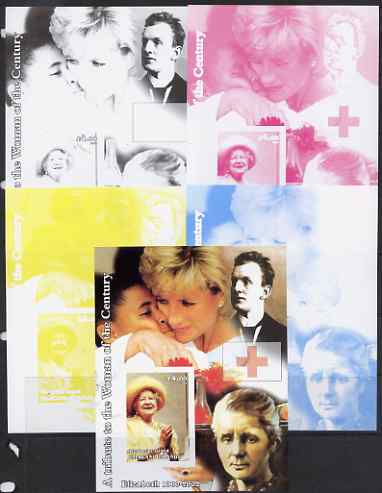 Westpoint Island (Falkland Islands) 2002 A Tribute to the Woman of the Century #5 Queen Mother souvenir sheet (Also shows Diana & Marie Curie) - the set of 5 imperf progressive proofs comprising the 4 individual colours plus all 4-colour composite, unmounted mint 