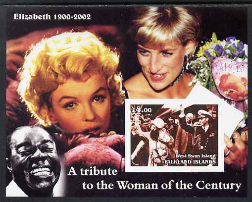 West Swan Island (Falkland Islands) 2002 A Tribute to the Woman of the Century #1 Queen Mother imperf souvenir sheet unmounted mint (Also shows Marilyn, Diana & Satchmo), stamps on , stamps on  stamps on personalities, stamps on  stamps on royalty, stamps on  stamps on diana, stamps on  stamps on queen mother, stamps on  stamps on jazz, stamps on  stamps on armstrong, stamps on  stamps on music, stamps on  stamps on marilyn