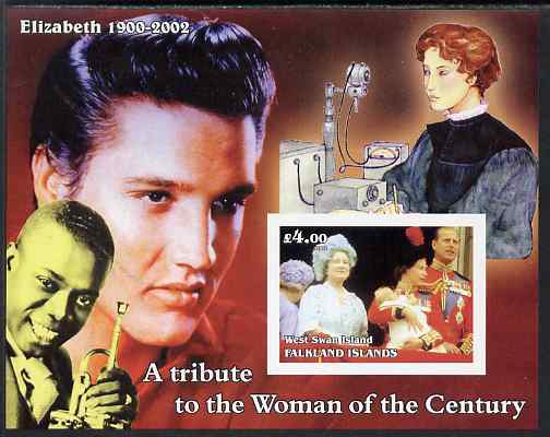 West Swan Island (Falkland Islands) 2002 A Tribute to the Woman of the Century #2 Queen Mother imperf souvenir sheet unmounted mint (Also shows Elvis & Satchmo). Note this item is privately produced and is offered purely on its thematic appeal, it has no postal validity, stamps on , stamps on  stamps on personalities, stamps on  stamps on royalty, stamps on  stamps on elvis, stamps on  stamps on queen mother, stamps on  stamps on jazz, stamps on  stamps on armstrong, stamps on  stamps on music, stamps on  stamps on films, stamps on  stamps on cinema, stamps on  stamps on movies