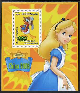 Somalia 2007 Disney - China 2008 Stamp Exhibition #02 perf m/sheet featuring Donald Duck & Alice in Wonderland overprinted with Olympic rings in green foil, unmounted min..., stamps on disney, stamps on films, stamps on cinema, stamps on movies, stamps on cartoons, stamps on stamp exhibitions, stamps on fencing, stamps on olympics