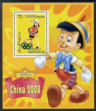Somalia 2007 Disney - China 2008 Stamp Exhibition #07 perf m/sheet featuring Goofy & Pinocchio overprinted with Olympic rings in green foil, unmounted mint. Note this item is privately produced and is offered purely on its thematic appeal, stamps on , stamps on  stamps on disney, stamps on  stamps on films, stamps on  stamps on cinema, stamps on  stamps on movies, stamps on  stamps on cartoons, stamps on  stamps on stamp exhibitions, stamps on  stamps on ice hockey, stamps on  stamps on olympics