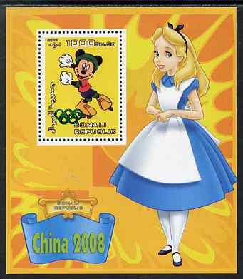 Somalia 2007 Disney - China 2008 Stamp Exhibition #09 perf m/sheet featuring Micky Mouse & Alice in Wonderland overprinted with Olympic rings in green foil, unmounted mint. Note this item is privately produced and is offered purely on its thematic appeal, stamps on , stamps on  stamps on disney, stamps on  stamps on films, stamps on  stamps on cinema, stamps on  stamps on movies, stamps on  stamps on cartoons, stamps on  stamps on stamp exhibitions, stamps on  stamps on roller skating, stamps on  stamps on olympics