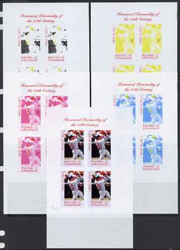Somaliland 2000 Honoured Personality of the 20th Century - Mark McGuire sheetlet containing 4 values - the set of 5 imperf progressive proofs comprising 2, 3 and all 4-co..., stamps on personalities, stamps on sport, stamps on baseball, stamps on millennium