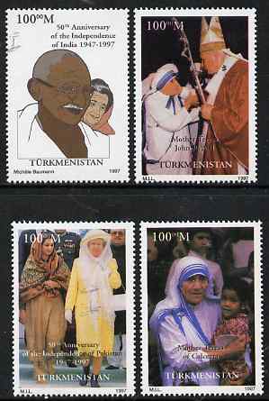 Turkmenistan 1997 50th Anniversary of Indian Independence perf set of 4 unmounted mint. Note this item is privately produced and is offered purely on its thematic appeal , stamps on , stamps on  stamps on constitutions, stamps on  stamps on gandhi, stamps on  stamps on teresa, stamps on  stamps on nobel, stamps on  stamps on pope, stamps on  stamps on royalty