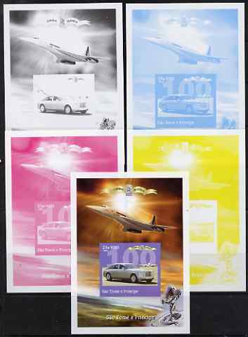 St Thomas & Prince Islands 2004 Rolls Royce Centenary #02 s/sheet - the set of 5 imperf progressive proofs comprising the 4 individual colours plus all 4-colour composite, unmounted mint , stamps on , stamps on  stamps on aviation, stamps on  stamps on concorde, stamps on  stamps on cars, stamps on  stamps on rolls, stamps on  stamps on rolls royce