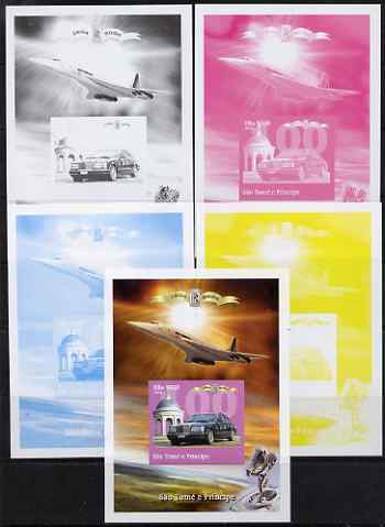 St Thomas & Prince Islands 2004 Rolls Royce Centenary #04 s/sheet - the set of 5 imperf progressive proofs comprising the 4 individual colours plus all 4-colour composite..., stamps on aviation, stamps on concorde, stamps on cars, stamps on rolls, stamps on rolls royce