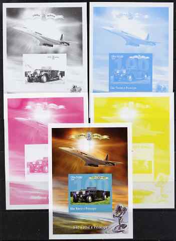 St Thomas & Prince Islands 2004 Rolls Royce Centenary #05 s/sheet - the set of 5 imperf progressive proofs comprising the 4 individual colours plus all 4-colour composite, unmounted mint , stamps on aviation, stamps on concorde, stamps on cars, stamps on rolls, stamps on rolls royce