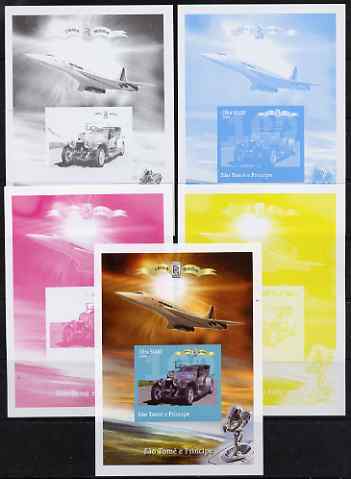 St Thomas & Prince Islands 2004 Rolls Royce Centenary #06 s/sheet - the set of 5 imperf progressive proofs comprising the 4 individual colours plus all 4-colour composite..., stamps on aviation, stamps on concorde, stamps on cars, stamps on rolls, stamps on rolls royce