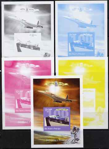 St Thomas & Prince Islands 2004 Rolls Royce Centenary #07 s/sheet - the set of 5 imperf progressive proofs comprising the 4 individual colours plus all 4-colour composite..., stamps on aviation, stamps on concorde, stamps on cars, stamps on rolls, stamps on rolls royce