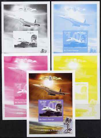 St Thomas & Prince Islands 2004 Rolls Royce Centenary #08 s/sheet - the set of 5 imperf progressive proofs comprising the 4 individual colours plus all 4-colour composite..., stamps on aviation, stamps on concorde, stamps on cars, stamps on rolls, stamps on rolls royce