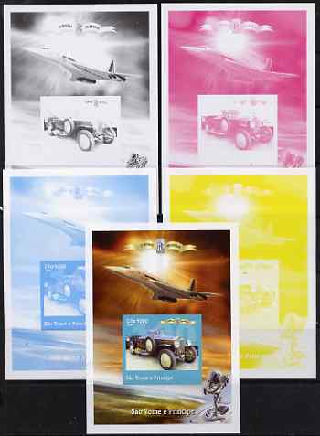 St Thomas & Prince Islands 2004 Rolls Royce Centenary #09 s/sheet - the set of 5 imperf progressive proofs comprising the 4 individual colours plus all 4-colour composite..., stamps on aviation, stamps on concorde, stamps on cars, stamps on rolls, stamps on rolls royce