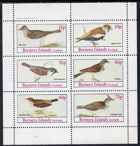 Bernera 1982 Birds #13 (Sky Lark, Pipit, Sparrow, etc) perf set of 6 values (15p to 75p) unmounted mint, stamps on birds      skylark     haw  finch     sparrow     ortolan     pipit    lark