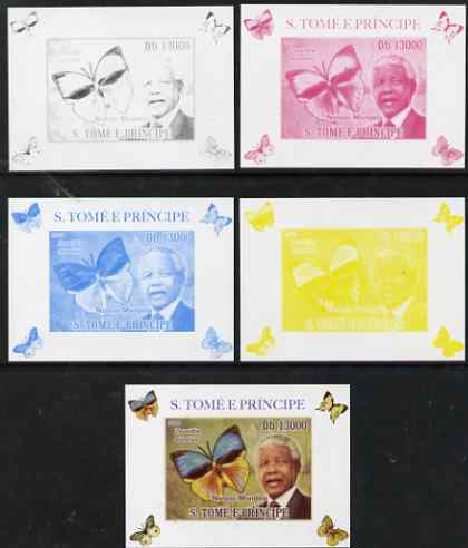 St Thomas & Prince Islands 2009 Nelson Mandela & Butterfly #4 individual deluxe sheet - the set of 5 imperf progressive proofs comprising the 4 individual colours plus all 4-colour composite, unmounted mint , stamps on , stamps on  stamps on personalities, stamps on  stamps on mandela, stamps on  stamps on nobel, stamps on  stamps on peace, stamps on  stamps on racism, stamps on  stamps on human rights, stamps on  stamps on butterflies