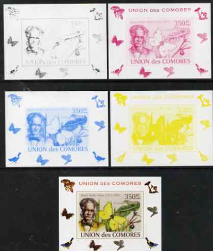 Comoro Islands 2008 Entomologists & Butterflies #2 Henry Walter Bates individual deluxe sheet - the set of 5 imperf progressive proofs comprising the 4 individual colours plus all 4-colour composite, unmounted mint , stamps on , stamps on  stamps on personalities, stamps on  stamps on butterflies, stamps on  stamps on scientists, stamps on  stamps on 
