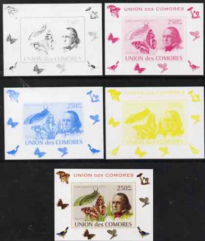 Comoro Islands 2008 Entomologists & Butterflies #3 Louis Agassiz individual deluxe sheet - the set of 5 imperf progressive proofs comprising the 4 individual colours plus all 4-colour composite, unmounted mint , stamps on personalities, stamps on butterflies, stamps on scientists, stamps on 