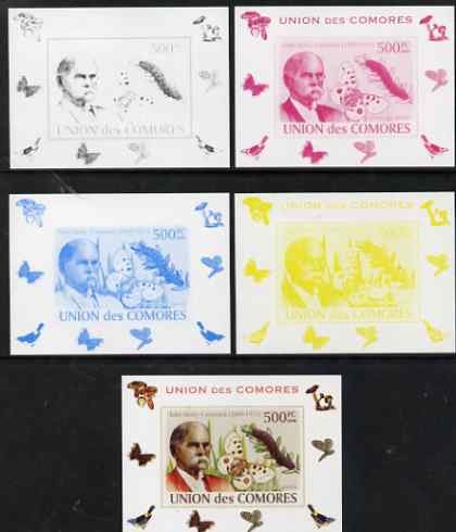 Comoro Islands 2008 Entomologists & Butterflies #4 John Henry Comstock individual deluxe sheet - the set of 5 imperf progressive proofs comprising the 4 individual colours plus all 4-colour composite, unmounted mint , stamps on , stamps on  stamps on personalities, stamps on  stamps on butterflies, stamps on  stamps on scientists, stamps on  stamps on 