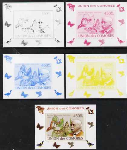 Comoro Islands 2008 Entomologists & Butterflies #6 Per Olaf Christopher Aurivillius individual deluxe sheet - the set of 5 imperf progressive proofs comprising the 4 individual colours plus all 4-colour composite, unmounted mint , stamps on , stamps on  stamps on personalities, stamps on  stamps on butterflies, stamps on  stamps on scientists, stamps on  stamps on 