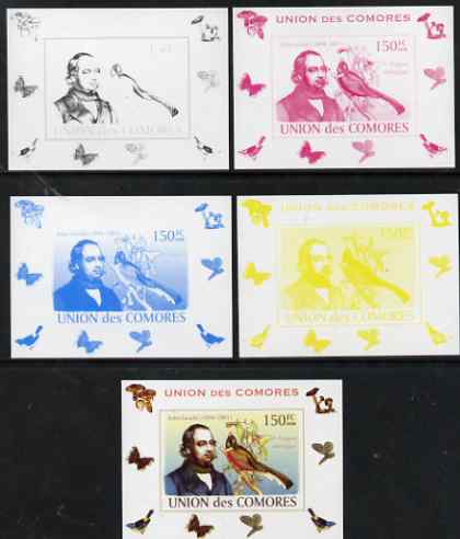 Comoro Islands 2008 Ornithologists & Birds #2 John Gould 150f  individual deluxe sheet - the set of 5 imperf progressive proofs comprising the 4 individual colours plus all 4-colour composite, unmounted mint , stamps on personalities, stamps on birds, stamps on scientists, stamps on 