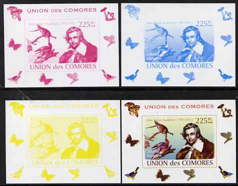 Comoro Islands 2008 Ornithologists & Birds #3 John James Audubon 225f  individual deluxe sheet - the set of 4 imperf progressive proofs comprising 3 individual colours plus all 4-colour composite, unmounted mint , stamps on personalities, stamps on birds, stamps on scientists, stamps on 