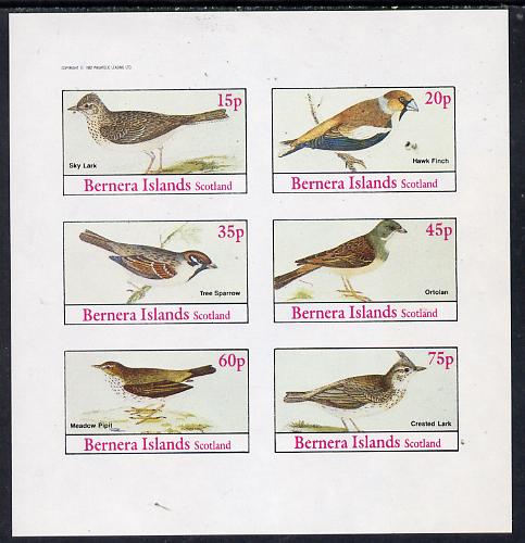 Bernera 1982 Birds #13 (Sky Lark, Pipit, Sparrow, etc) imperf set of 6 values (15p to 75p) unmounted mint, stamps on , stamps on  stamps on birds      skylark     haw  finch     sparrow     ortolan     pipit    lark