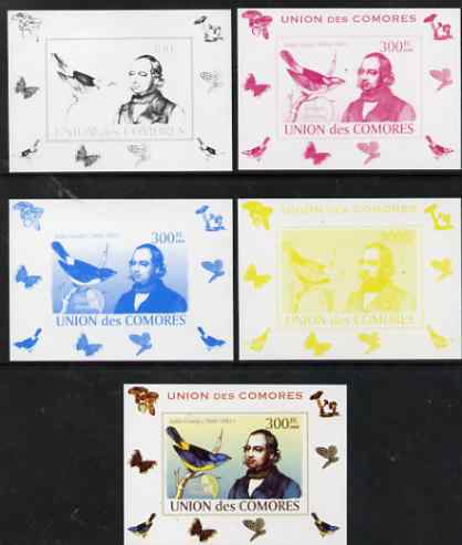 Comoro Islands 2008 Ornithologists & Birds #4 John Gould 300f individual deluxe sheet - the set of 5 imperf progressive proofs comprising the 4 individual colours plus all 4-colour composite, unmounted mint , stamps on personalities, stamps on birds, stamps on scientists, stamps on 