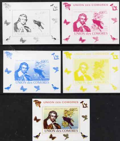 Comoro Islands 2008 Ornithologists & Birds #5 John James Audubon 400f individual deluxe sheet - the set of 5 imperf progressive proofs comprising the 4 individual colours plus all 4-colour composite, unmounted mint , stamps on personalities, stamps on birds, stamps on scientists, stamps on 