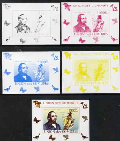 Comoro Islands 2008 Ornithologists & Birds #6 John Gould 1,000f individual deluxe sheet - the set of 5 imperf progressive proofs comprising the 4 individual colours plus all 4-colour composite, unmounted mint , stamps on personalities, stamps on birds, stamps on scientists, stamps on 