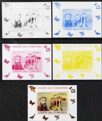 Comoro Islands 2008 Botanists & Fungi #1 - Charles Edwin Bessey individual deluxe sheet - the set of 5 imperf progressive proofs comprising the 4 individual colours plus ..., stamps on , stamps on personalities, stamps on fungi, stamps on scientists, stamps on botany