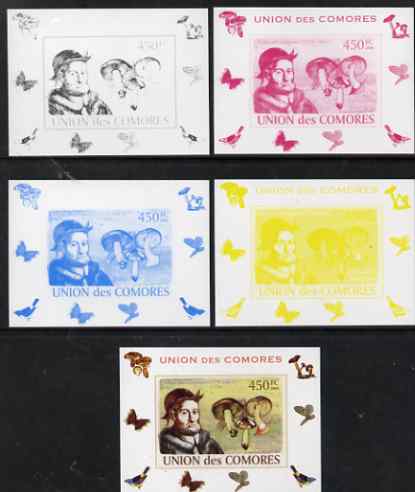 Comoro Islands 2008 Botanists & Fungi #2 Andrea Cesalpino individual deluxe sheet - the set of 5 imperf progressive proofs comprising the 4 individual colours plus all 4-..., stamps on , stamps on personalities, stamps on fungi, stamps on scientists, stamps on botany