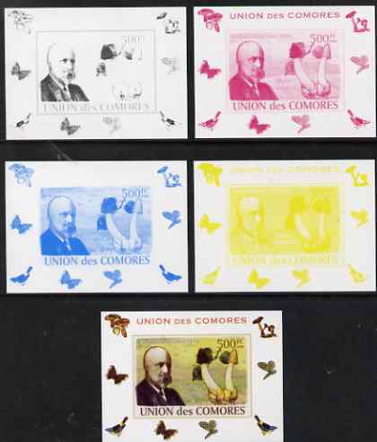 Comoro Islands 2008 Botanists & Fungi #3 Eduard Fischer  individual deluxe sheet - the set of 5 imperf progressive proofs comprising the 4 individual colours plus all 4-c..., stamps on , stamps on personalities, stamps on fungi, stamps on scientists, stamps on botany