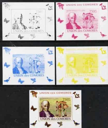 Comoro Islands 2008 Botanists & Fungi #4 Michel Adanson individual deluxe sheet - the set of 5 imperf progressive proofs comprising the 4 individual colours plus all 4-colour composite, unmounted mint , stamps on , stamps on  stamps on , stamps on  stamps on personalities, stamps on  stamps on fungi, stamps on  stamps on scientists, stamps on  stamps on botany