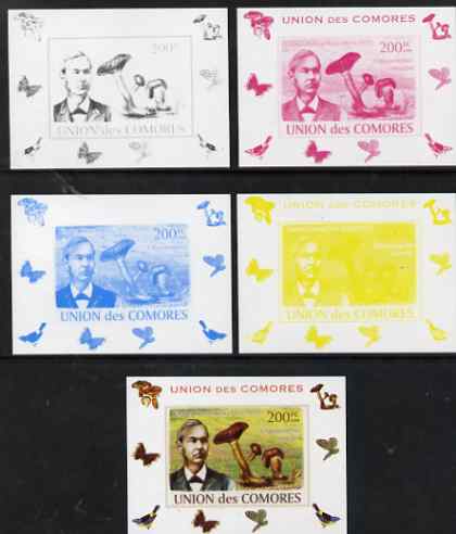 Comoro Islands 2008 Botanists & Fungi #5 Charles Horton Peck individual deluxe sheet - the set of 5 imperf progressive proofs comprising the 4 individual colours plus all 4-colour composite, unmounted mint , stamps on , stamps on personalities, stamps on fungi, stamps on scientists, stamps on botany