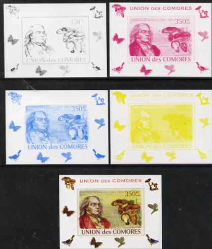 Comoro Islands 2008 Botanists & Fungi #6 Miles Joseph Berkeley individual deluxe sheet - the set of 5 imperf progressive proofs comprising the 4 individual colours plus all 4-colour composite, unmounted mint , stamps on , stamps on personalities, stamps on fungi, stamps on scientists, stamps on botany